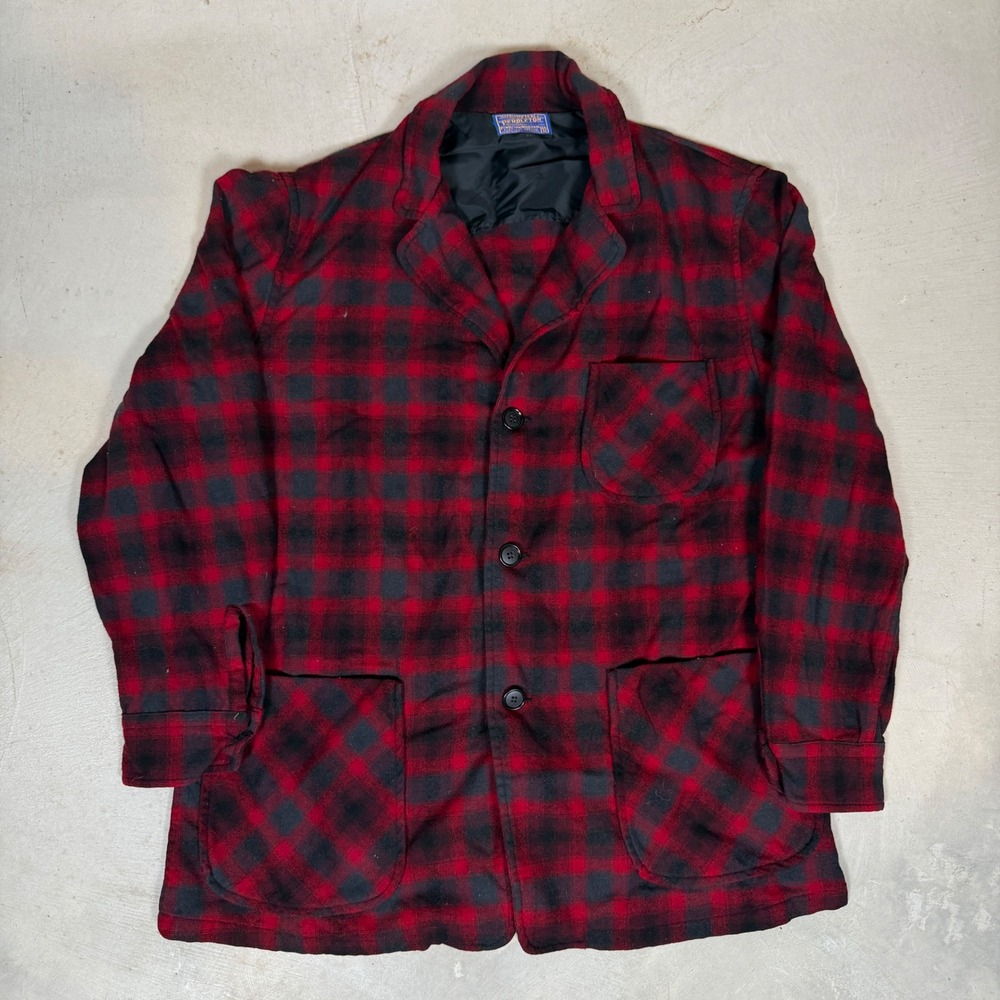 Vintage Pendleton Red Black Buffalo Plaid Wool Blazer Jacket Mens Medium